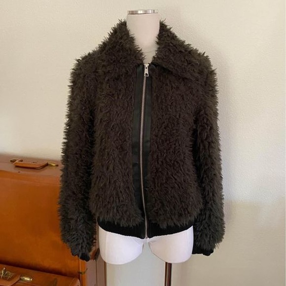 Vero Moda Brownish Black Faux Fur Grizzly Bear Bomber Jacket Coat Nordstrom L - Picture 1 of 8